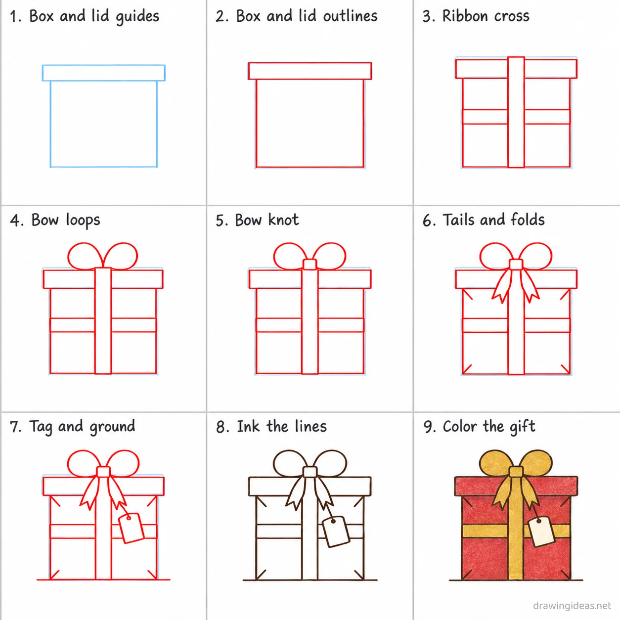 How to draw a gift step by step — 9-step gift drawing tutorial sheet