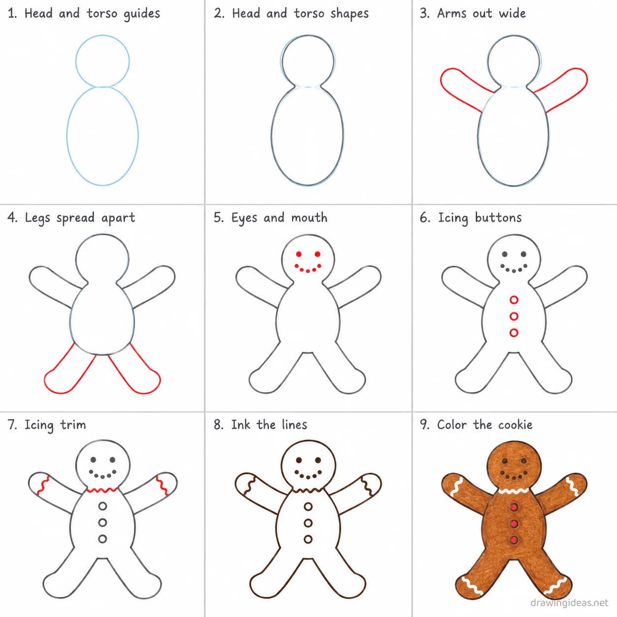 How to draw a gingerbread step by step — 9-step gingerbread drawing tutorial sheet