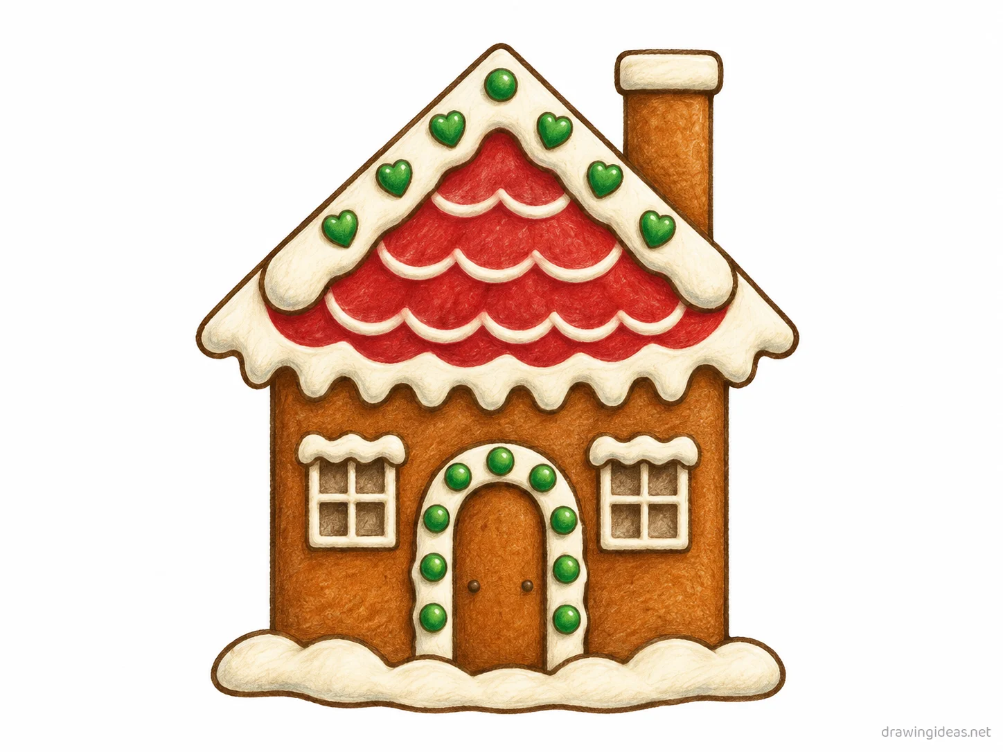 Gingerbread House drawing — hand-drawn gingerbread house illustration with ink lines and soft colors
