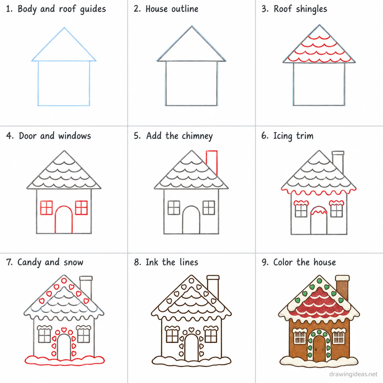 How to draw a gingerbread house step by step — 9-step gingerbread house drawing tutorial sheet