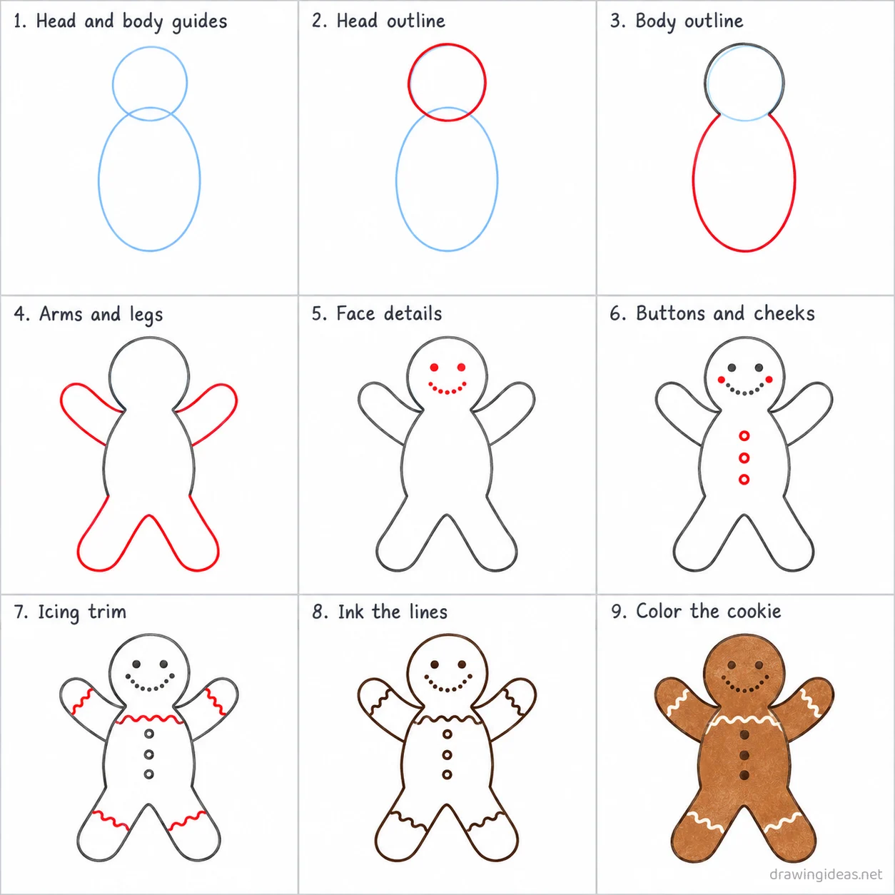 How to draw a gingerbread man step by step — 9-step gingerbread man drawing tutorial sheet