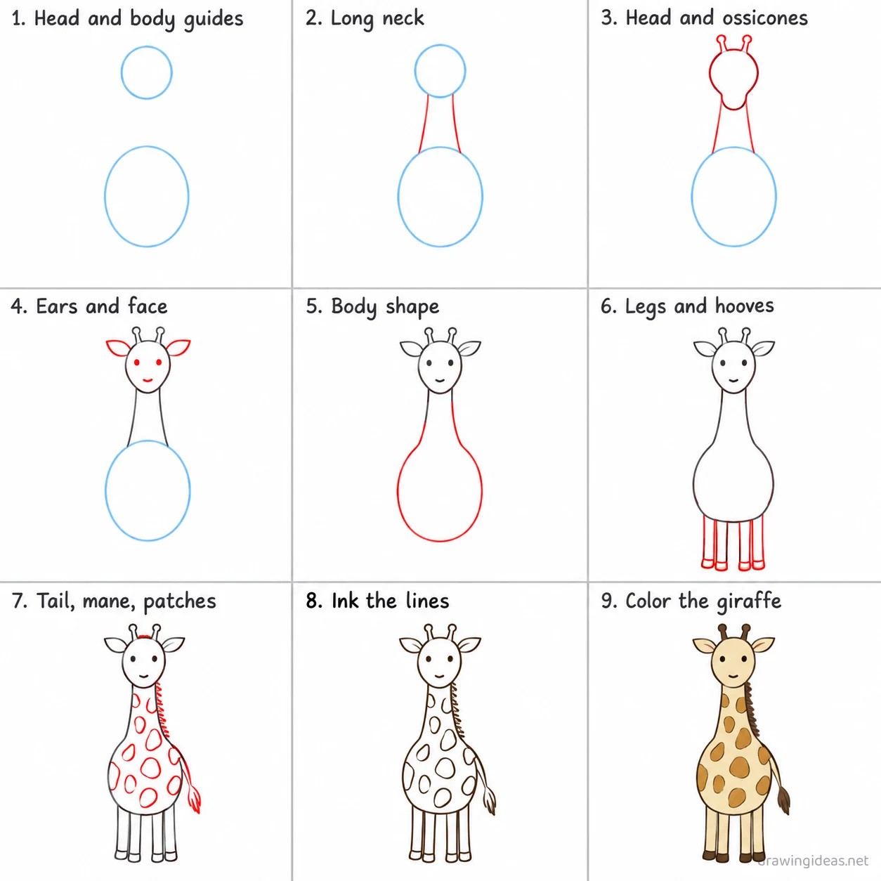 How to draw a giraffe step by step — 9-step giraffe drawing tutorial sheet