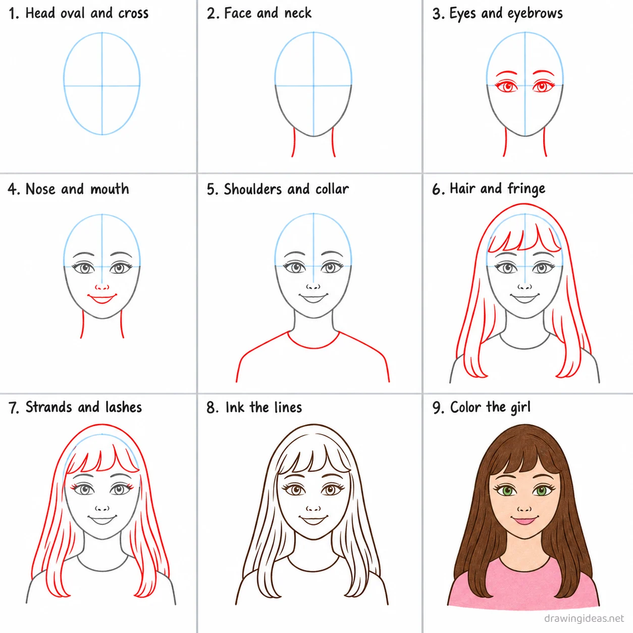How to draw a girl step by step — 9-step girl drawing tutorial sheet
