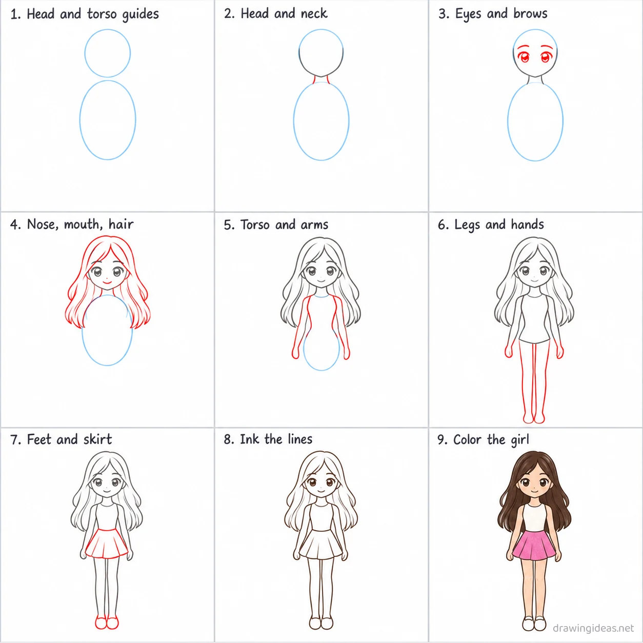 How to draw a girl full body step by step — 9-step girl full body drawing tutorial sheet