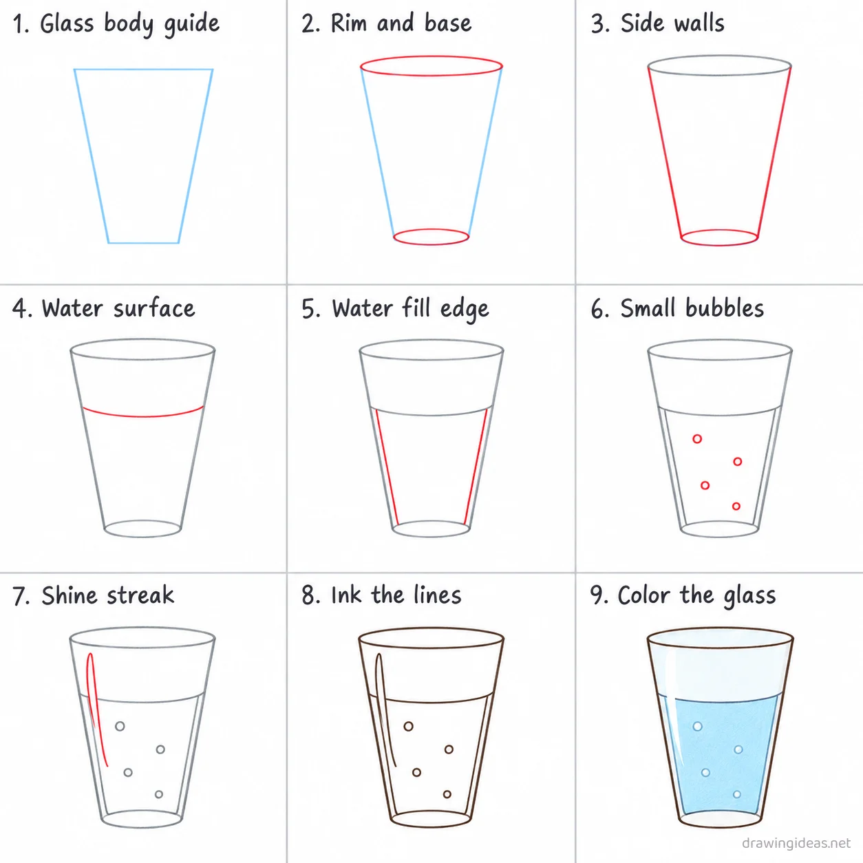 How to draw a glass step by step — 9-step glass drawing tutorial sheet