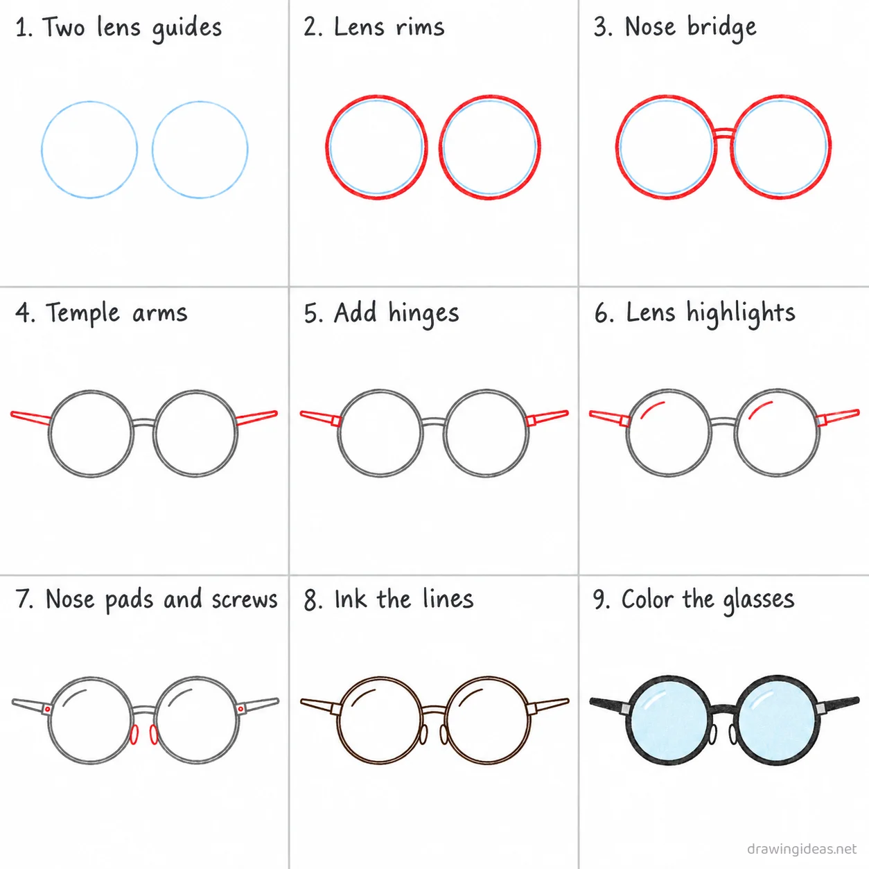 How to draw glasses step by step — 9-step glasses drawing tutorial sheet