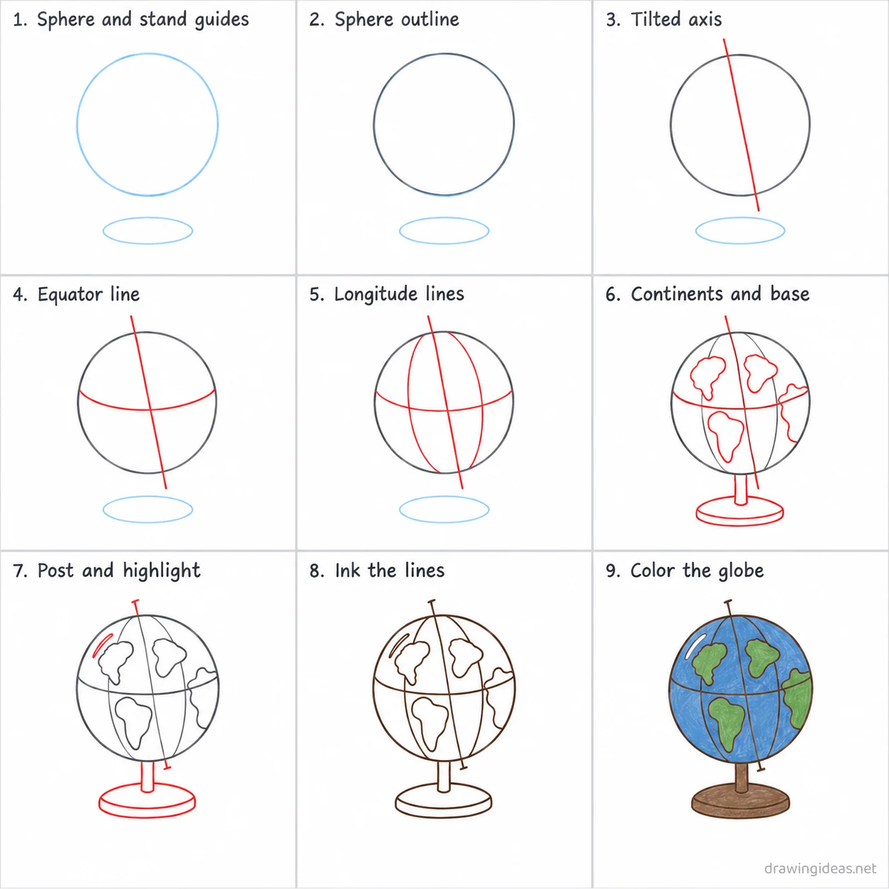 How to draw a globe step by step — 9-step globe drawing tutorial sheet