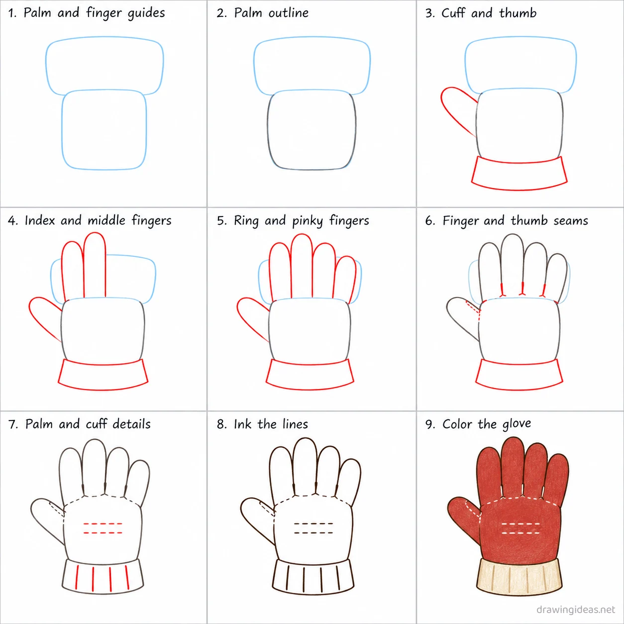 How to draw a glove step by step — 9-step glove drawing tutorial sheet