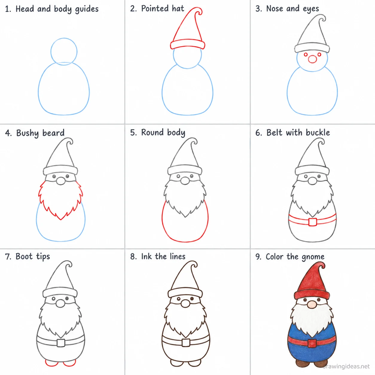 How to draw a gnome step by step — 9-step gnome drawing tutorial sheet