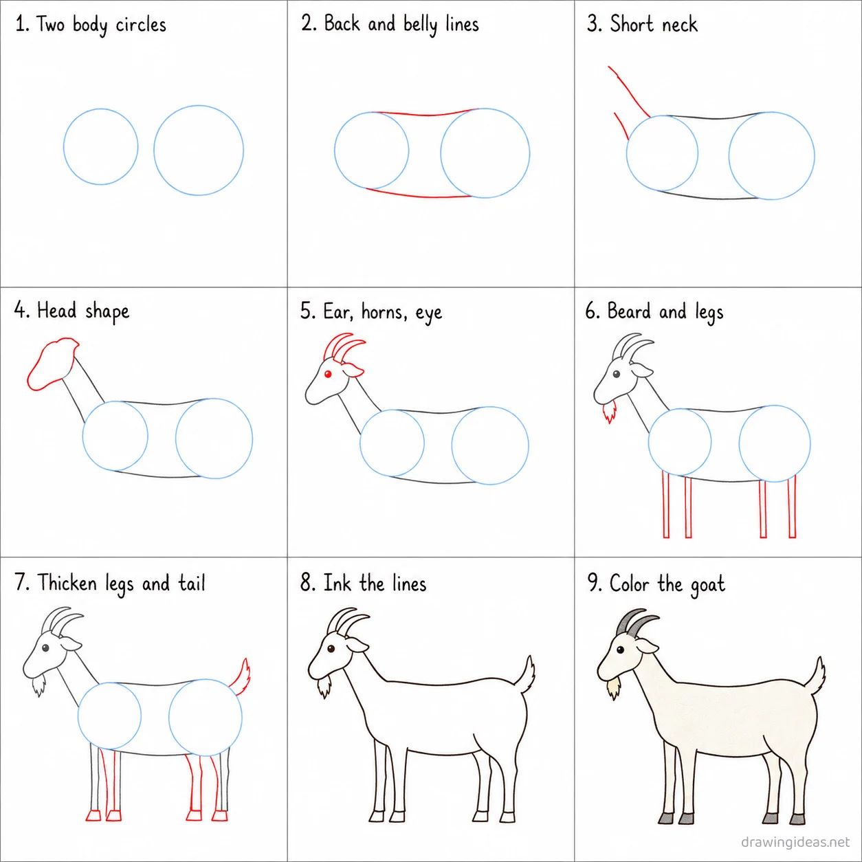 How to draw a goat step by step — 9-step goat drawing tutorial sheet