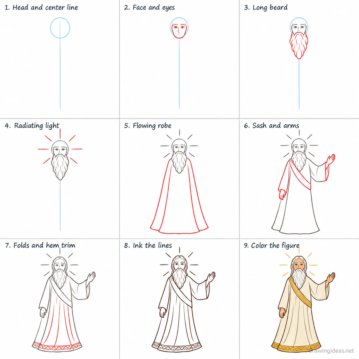 How to draw God step by step — 9-step God drawing tutorial sheet
