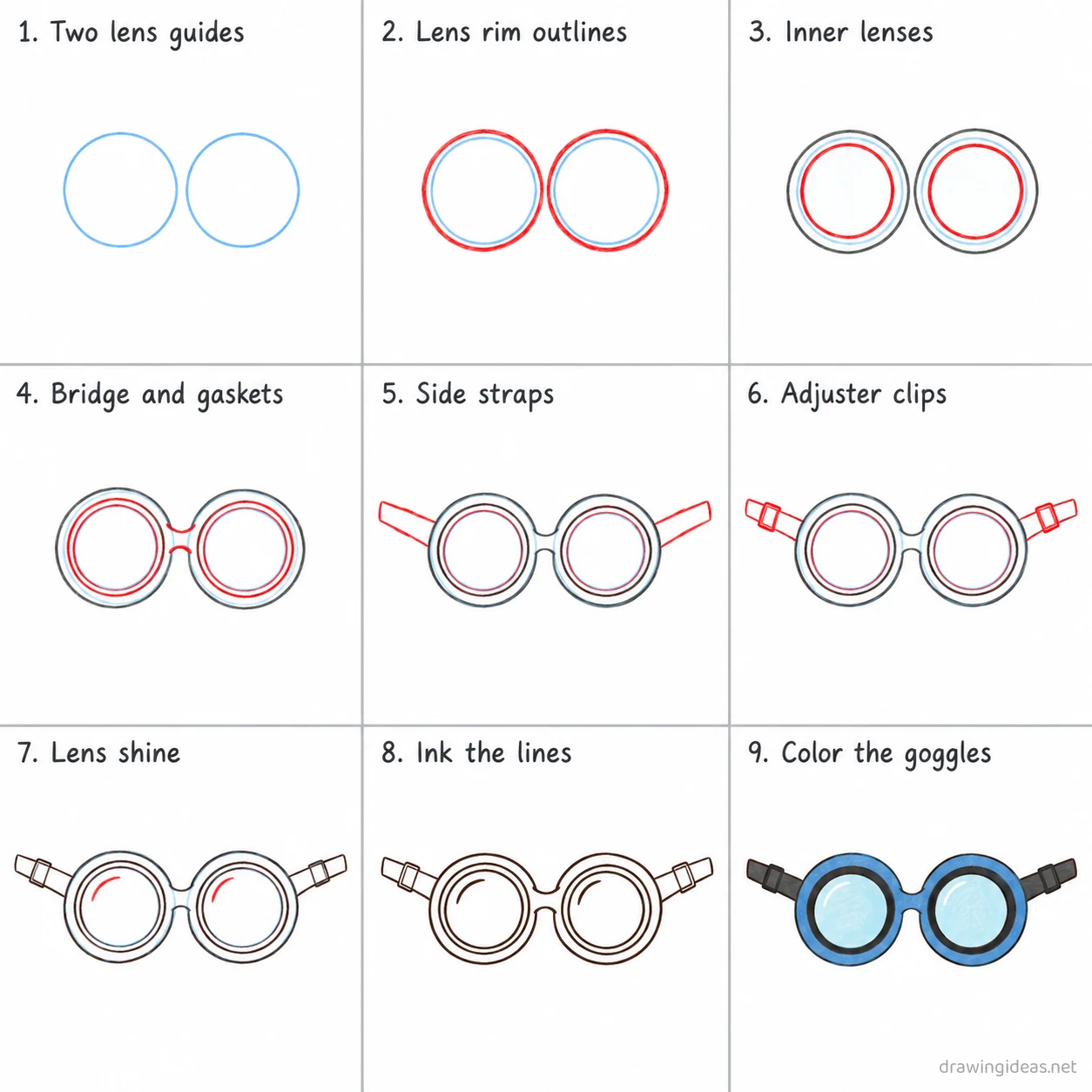 How to draw goggles step by step — 9-step goggles drawing tutorial sheet