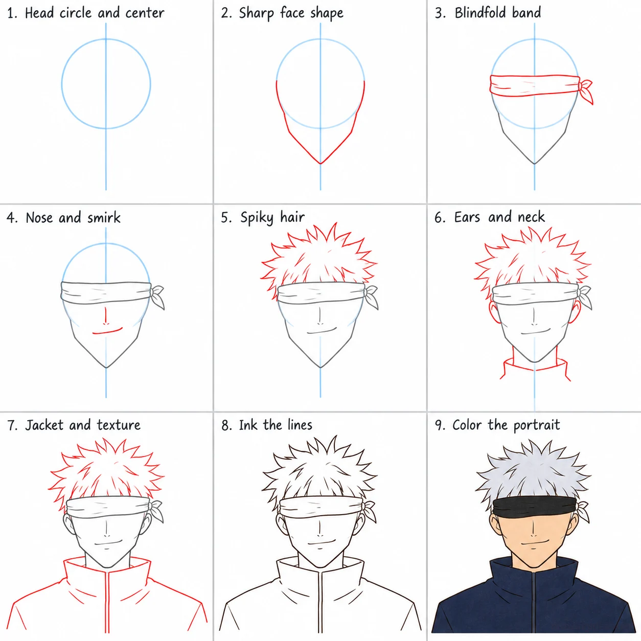 How to draw Gojo step by step — 9-step Gojo drawing tutorial sheet
