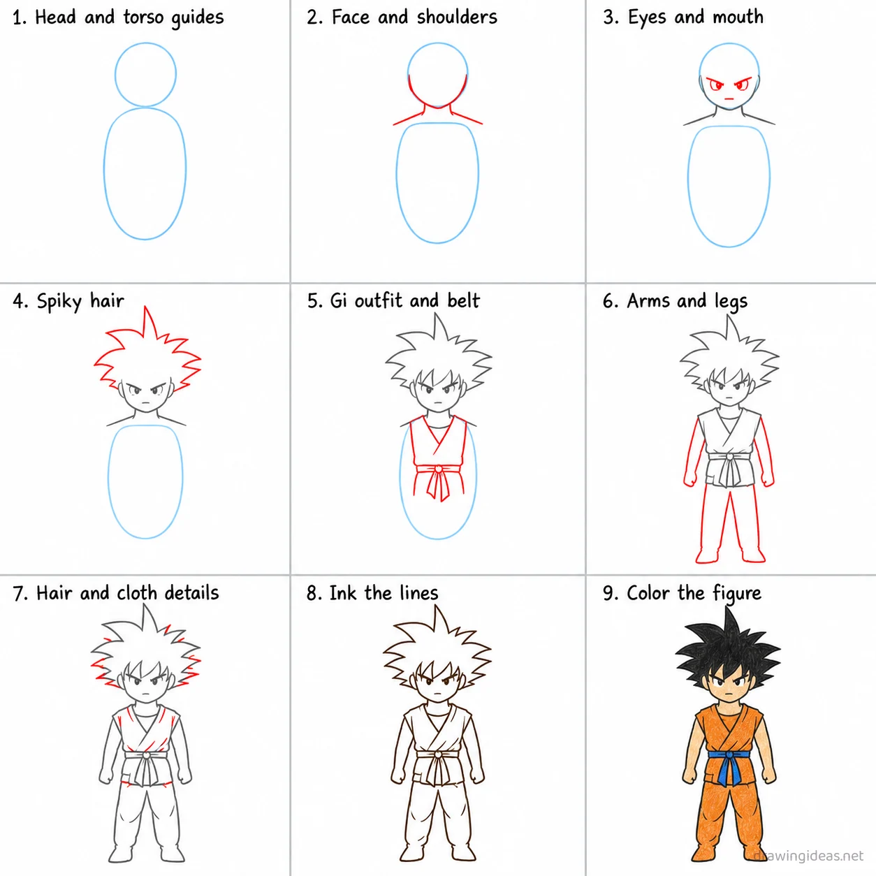 How to draw Goku step by step — 9-step Goku drawing tutorial sheet