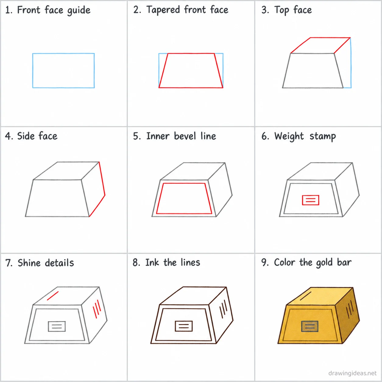 How to draw a gold bar step by step — 9-step gold bar drawing tutorial sheet