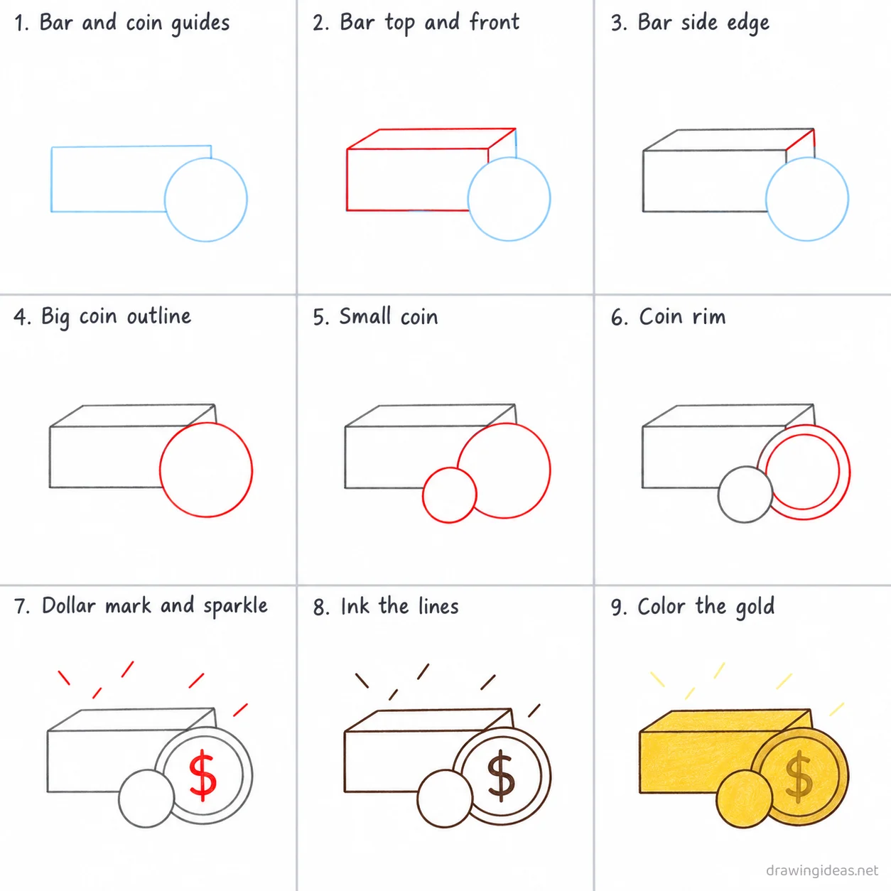 How to draw gold step by step — 9-step gold drawing tutorial sheet