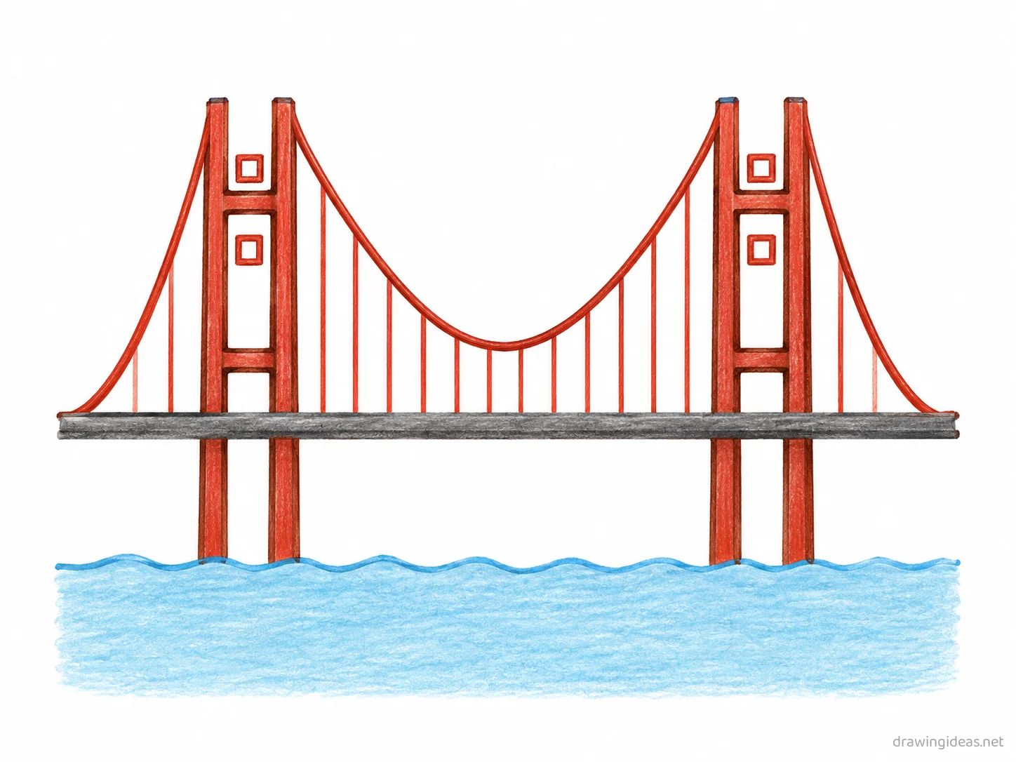 Golden Gate Bridge drawing — hand-drawn Golden Gate Bridge illustration with ink lines and soft colors