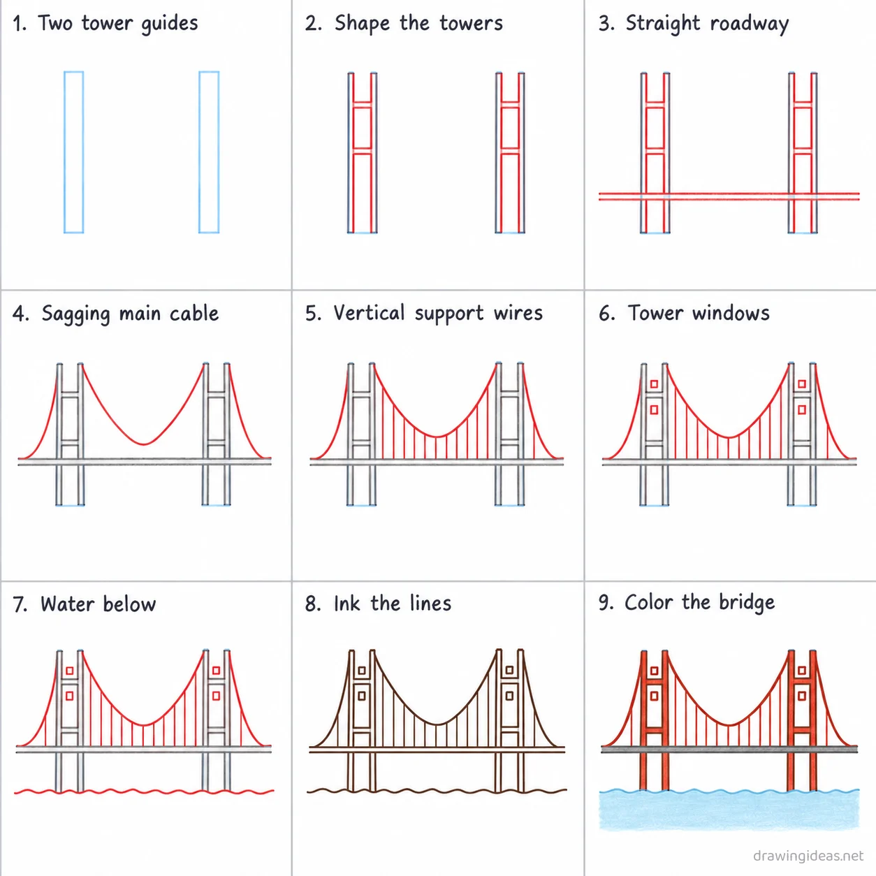 How to draw the Golden Gate Bridge step by step — 9-step Golden Gate Bridge drawing tutorial sheet