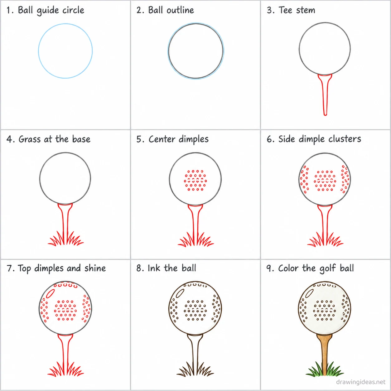 How to draw a golf ball step by step — 9-step golf ball drawing tutorial sheet