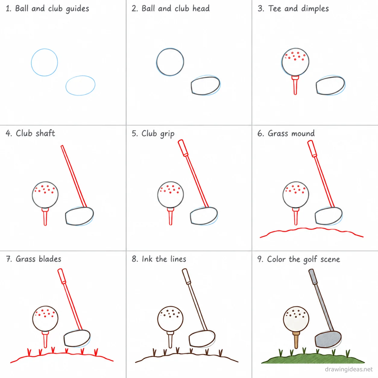 How to draw a golf step by step — 9-step golf drawing tutorial sheet