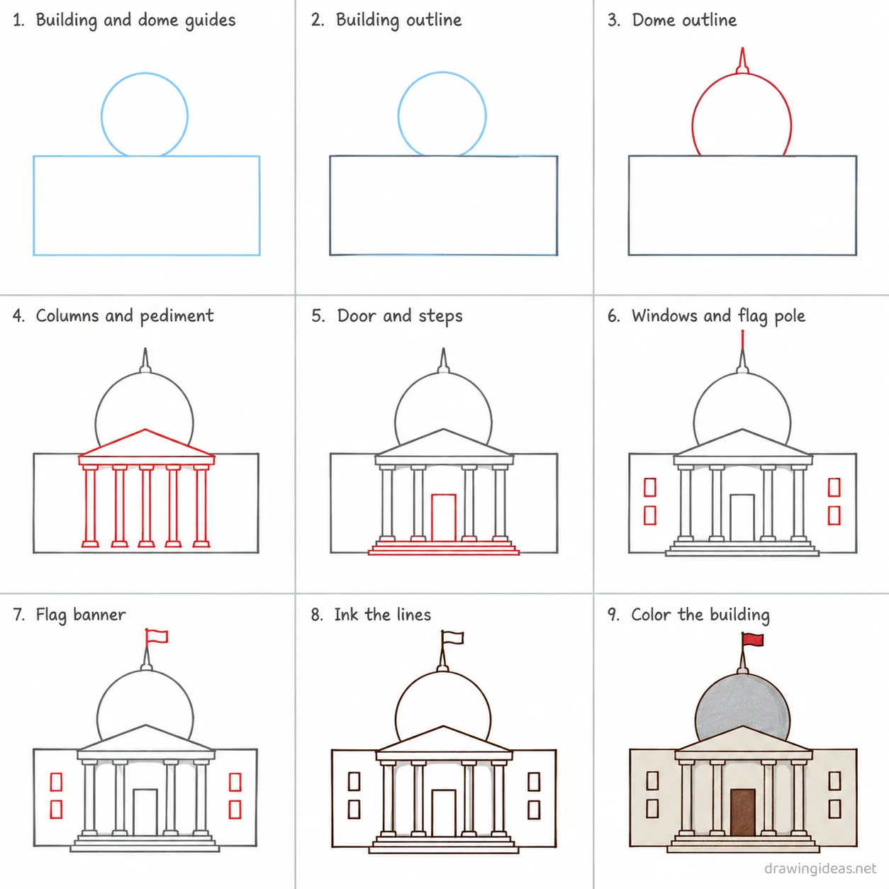 How to draw a government step by step — 9-step government drawing tutorial sheet