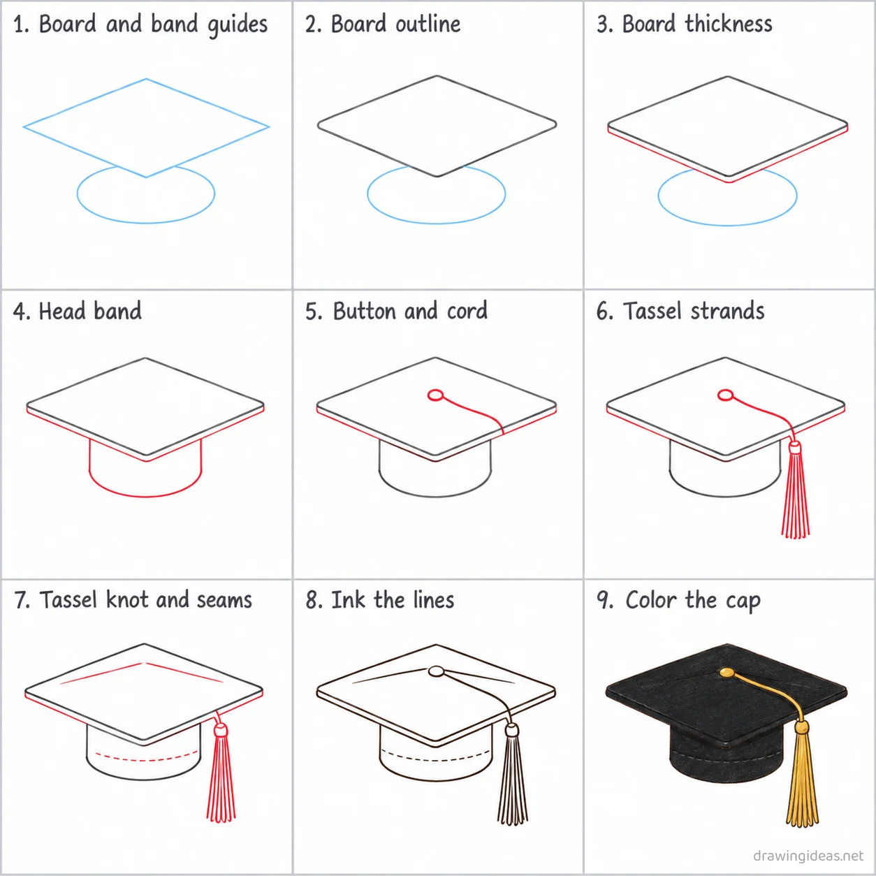 How to draw a graduation cap step by step — 9-step graduation cap drawing tutorial sheet