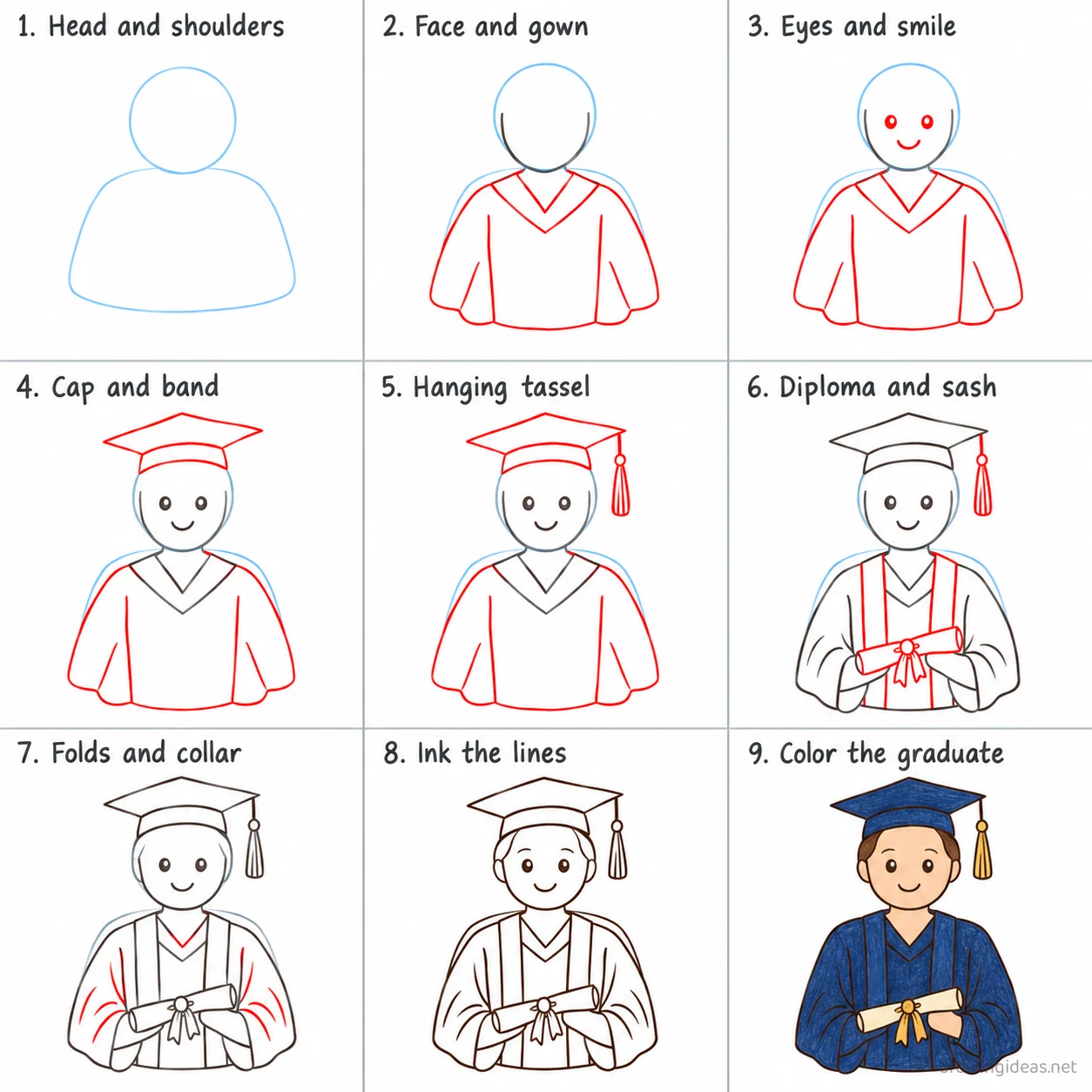 How to draw graduation step by step — 9-step graduation drawing tutorial sheet