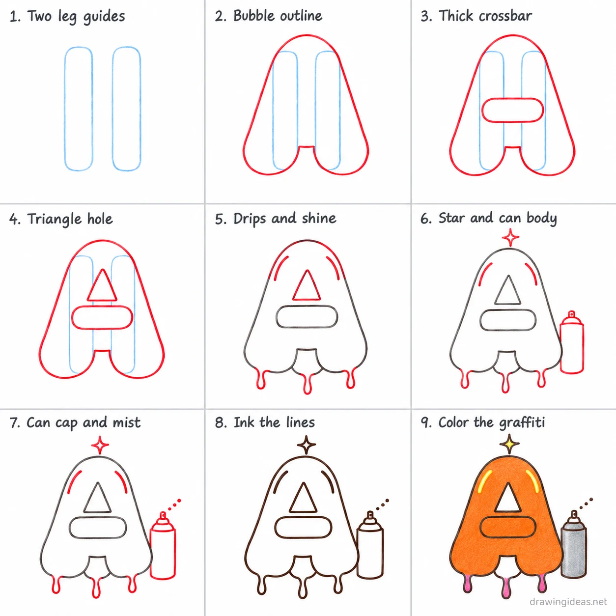 How to draw graffiti step by step — 9-step graffiti drawing tutorial sheet