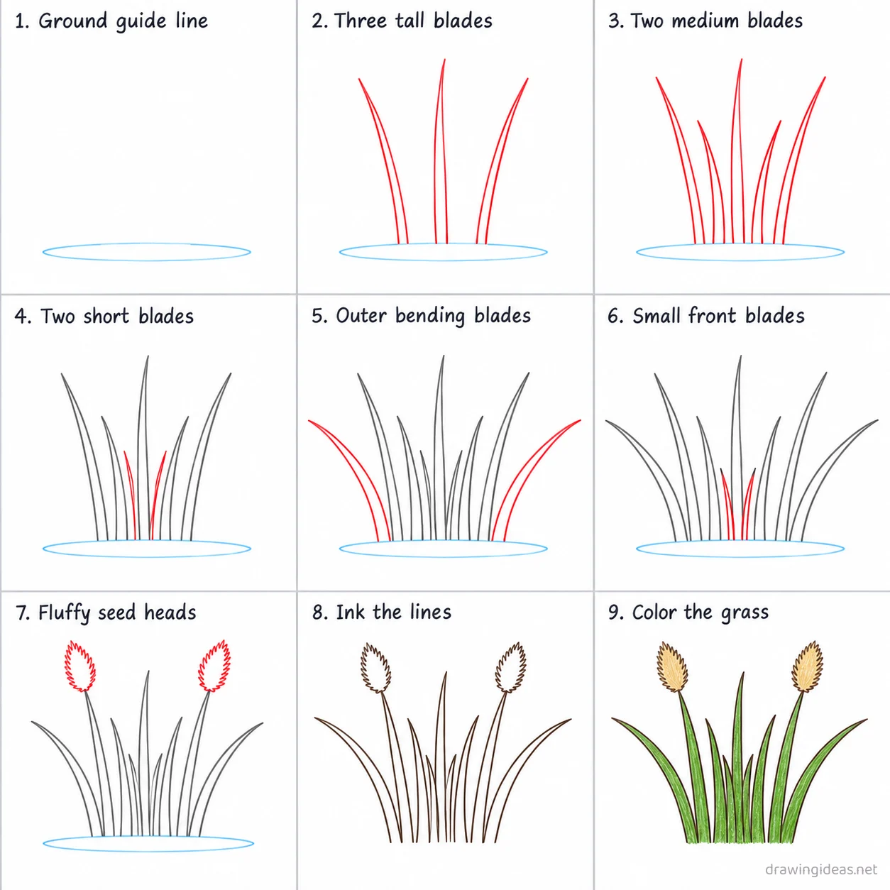 How to draw grass step by step — 9-step grass drawing tutorial sheet