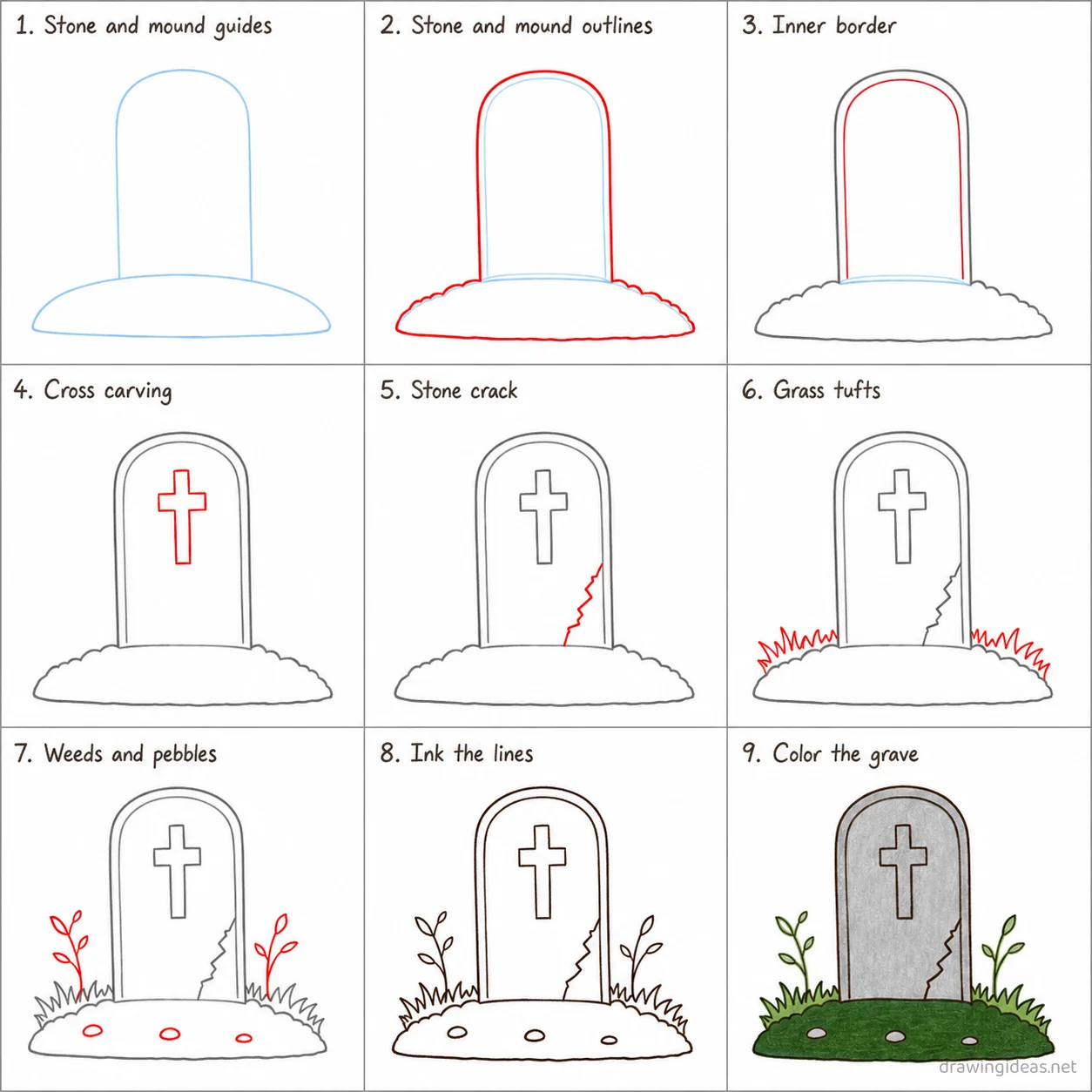 How to draw a grave step by step — 9-step grave drawing tutorial sheet
