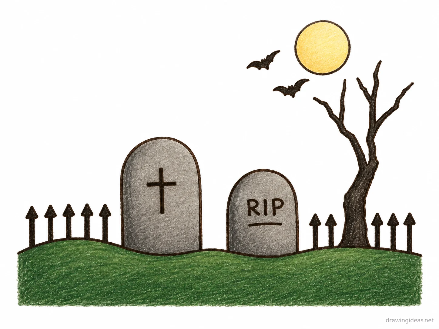 Graveyard drawing — hand-drawn graveyard illustration with ink lines and soft colors