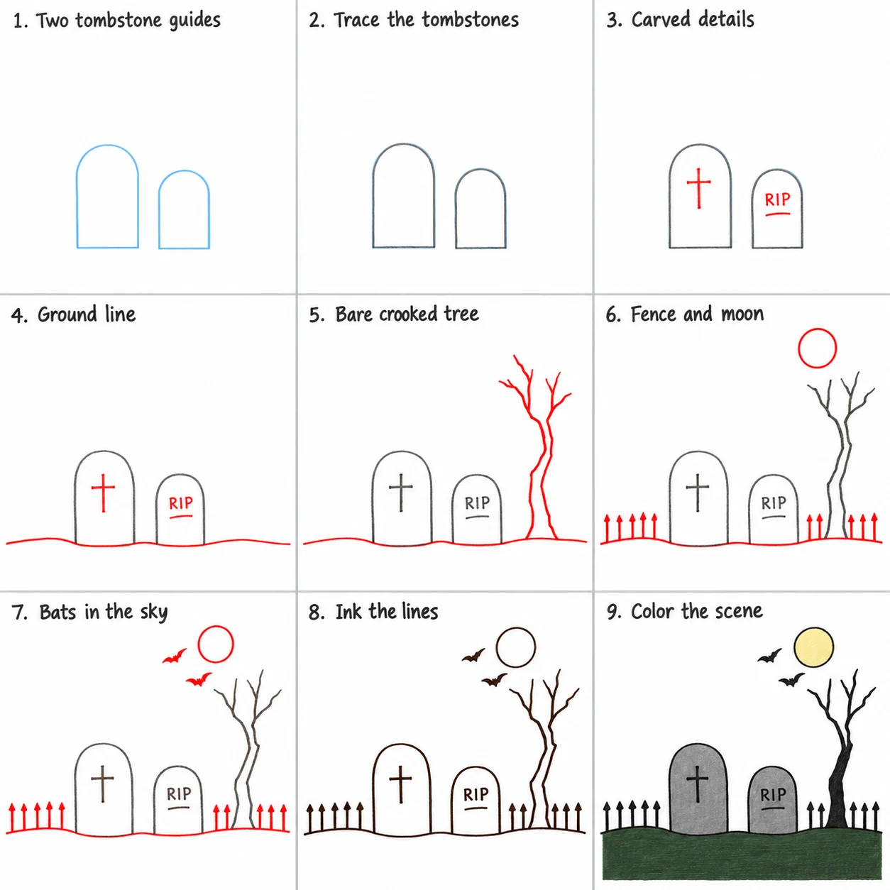 How to draw a graveyard step by step — 9-step graveyard drawing tutorial sheet