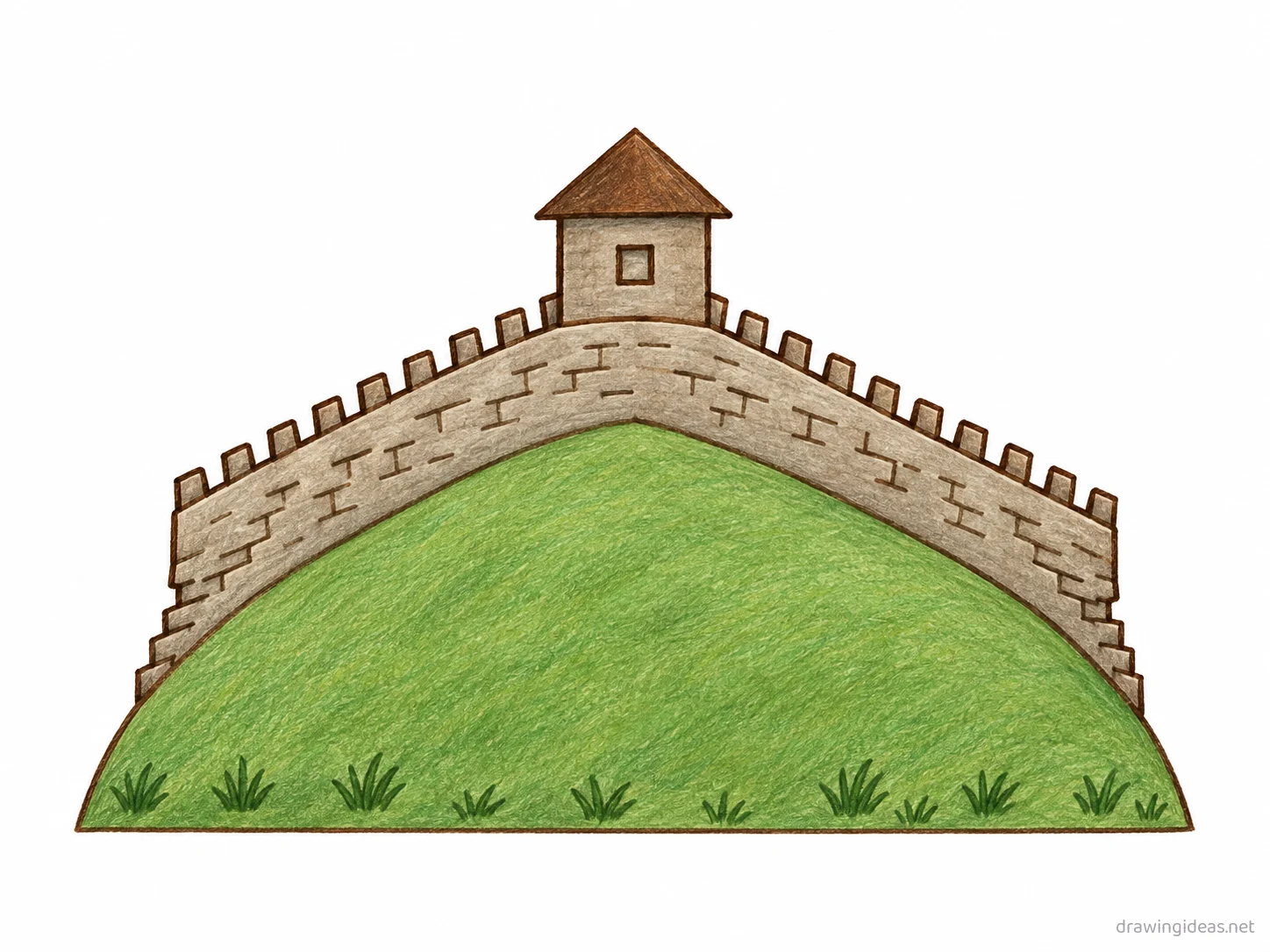 Great Wall of China drawing — hand-drawn Great Wall of China illustration with ink lines and soft colors
