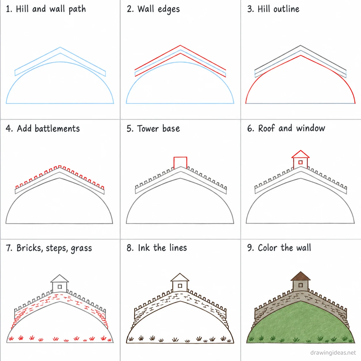 How to draw the Great Wall of China step by step — 9-step Great Wall of China drawing tutorial sheet