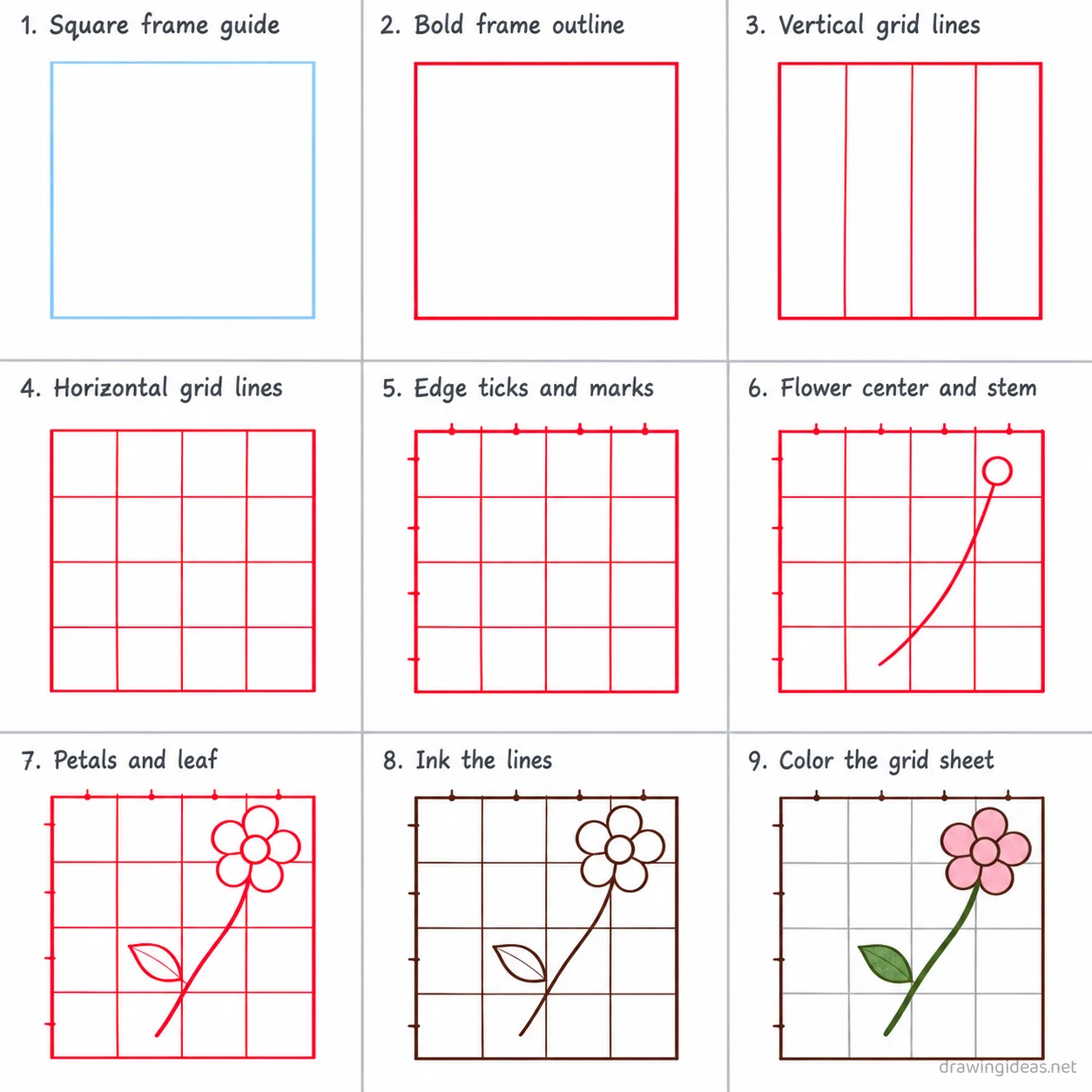 How to draw a grid step by step — 9-step grid drawing tutorial sheet