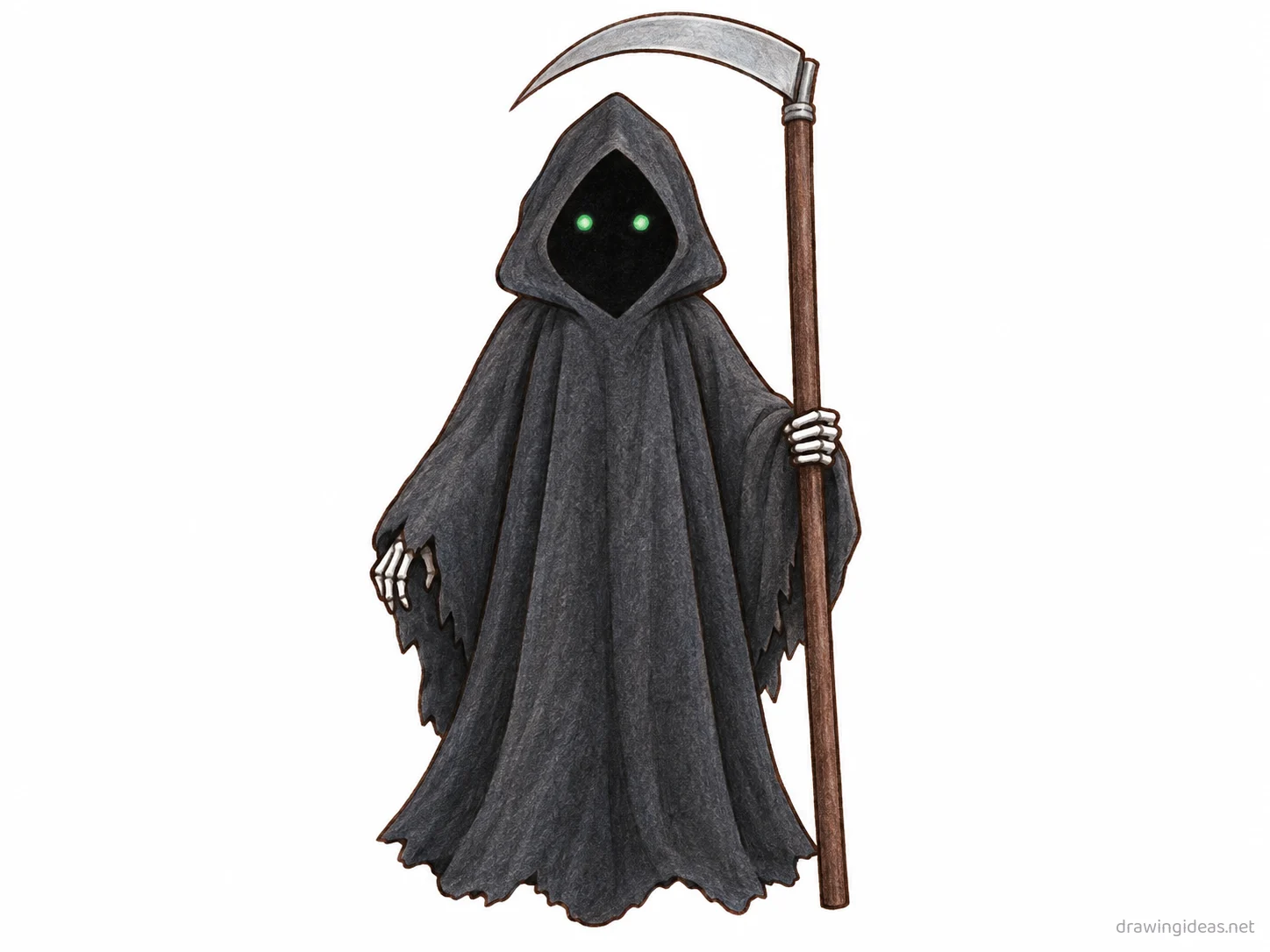 Grim Reaper drawing — hand-drawn Grim Reaper illustration with ink lines and soft colors