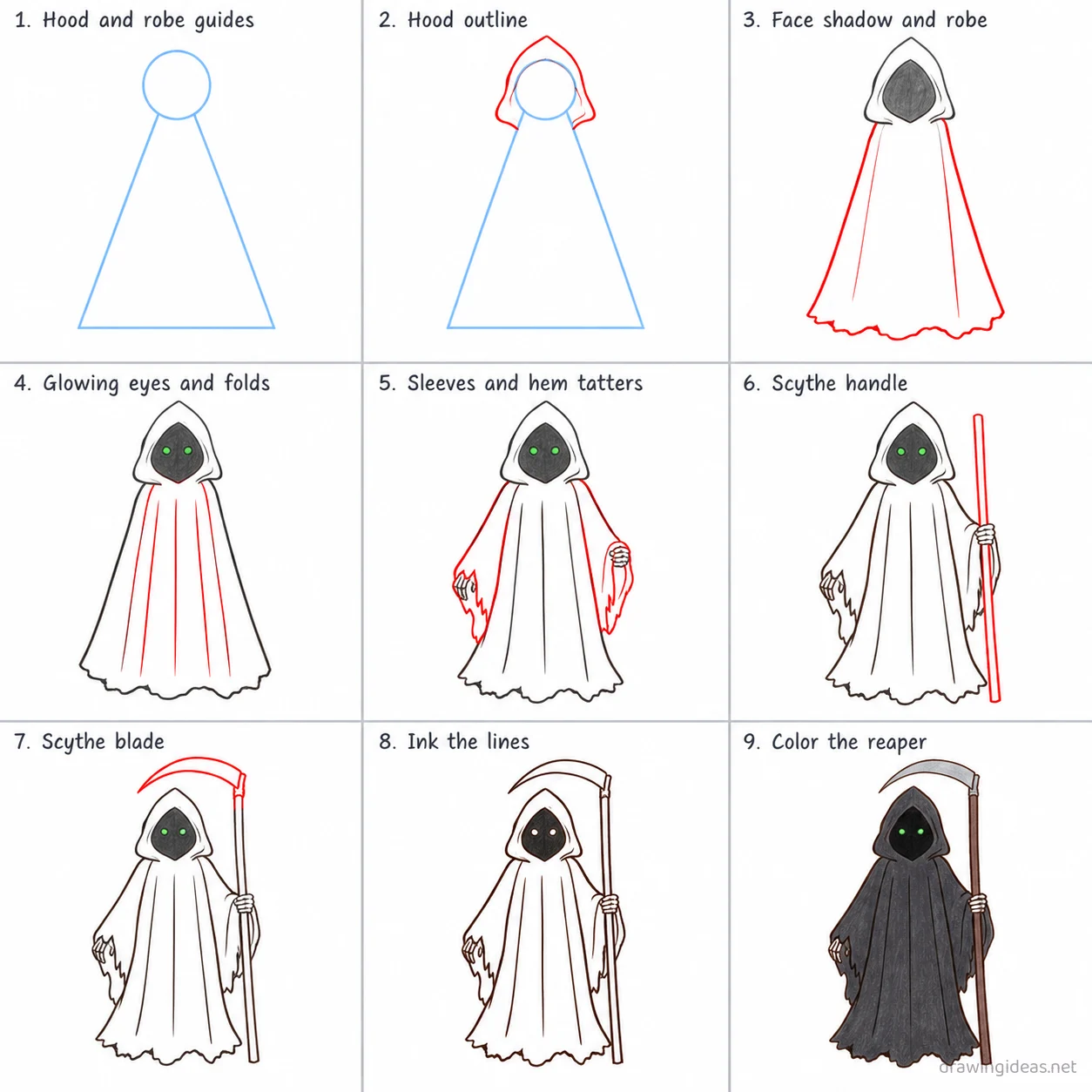 How to draw the Grim Reaper step by step — 9-step Grim Reaper drawing tutorial sheet
