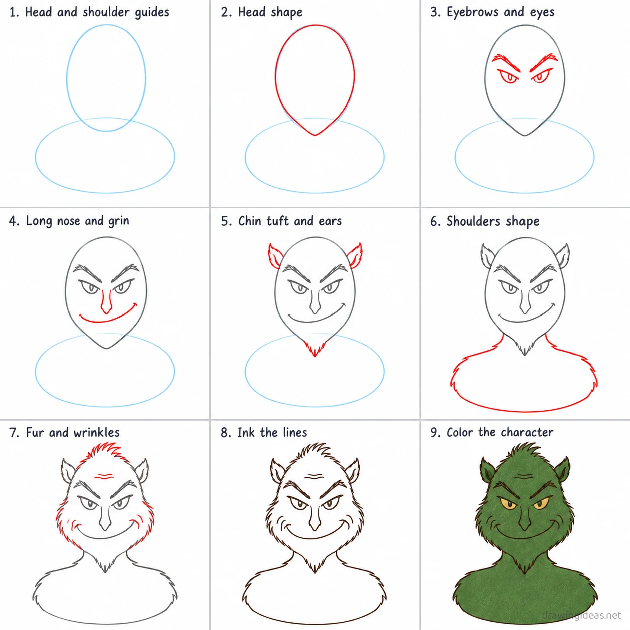 How to draw the Grinch step by step — 9-step Grinch drawing tutorial sheet