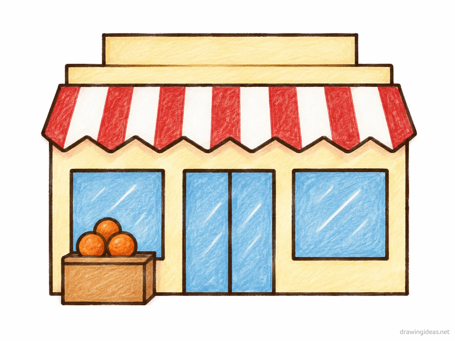 Grocery Store drawing — hand-drawn grocery store illustration with ink lines and soft colors