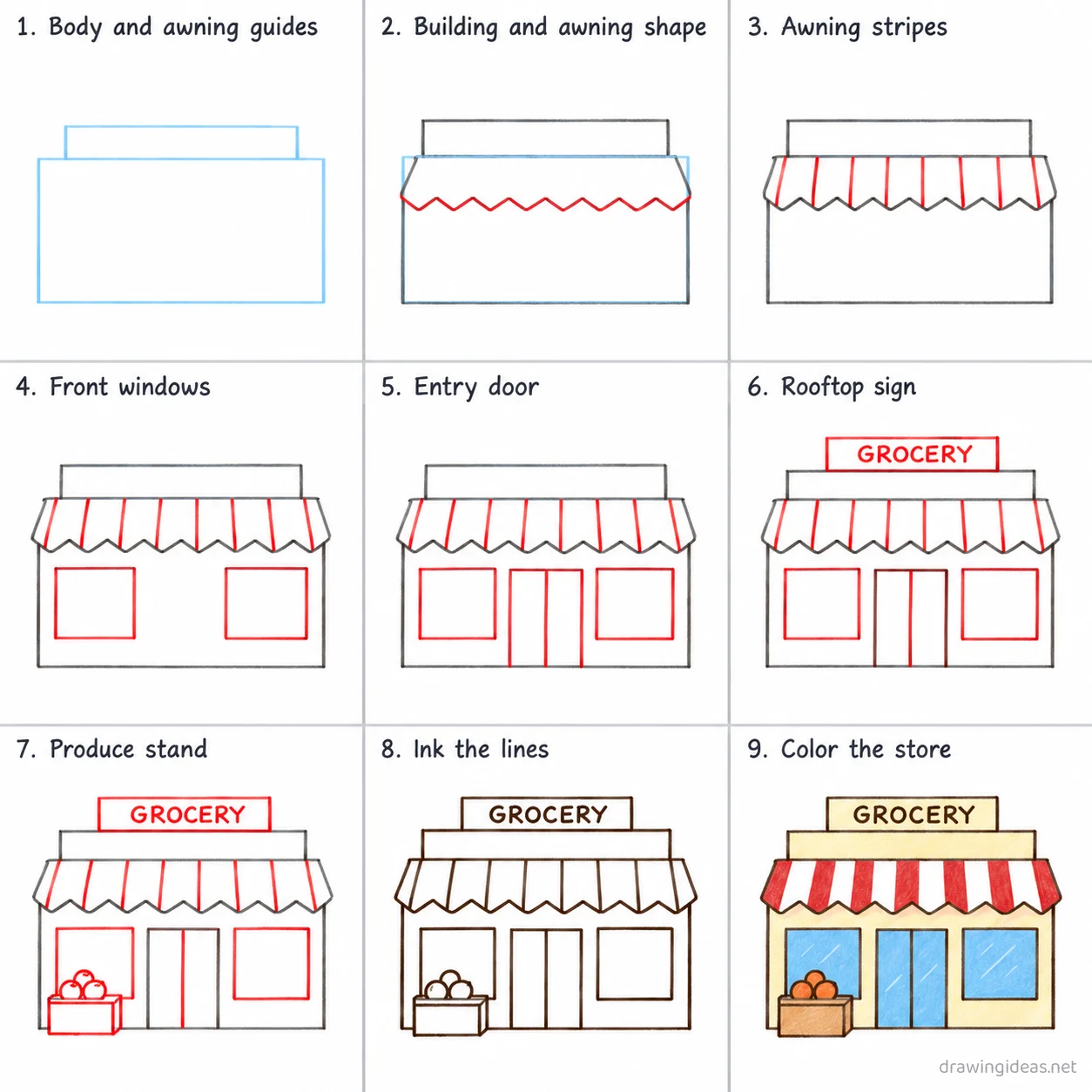 How to draw a grocery store step by step — 9-step grocery store drawing tutorial sheet