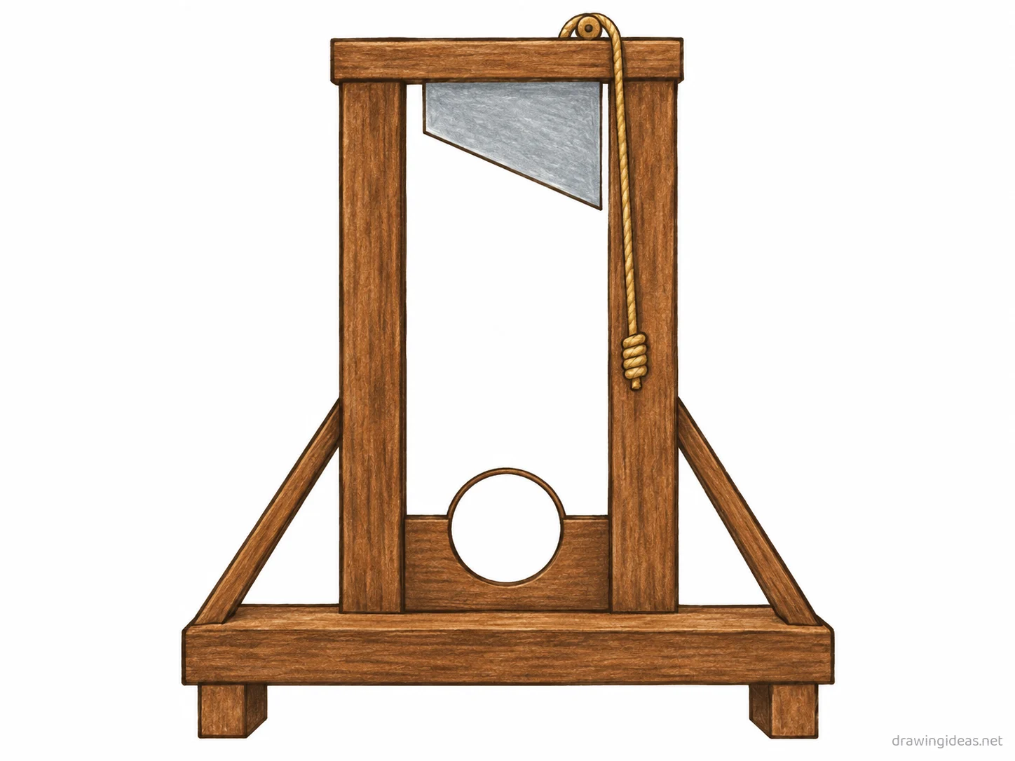 Guillotine drawing — hand-drawn guillotine illustration with ink lines and soft colors