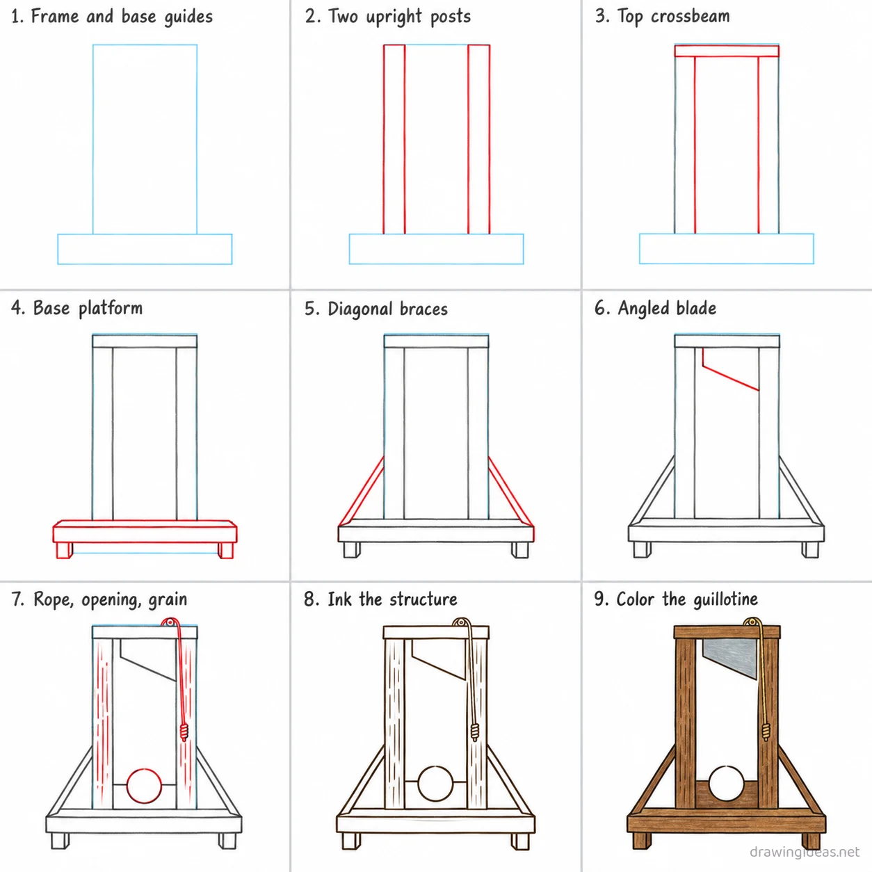 How to draw a guillotine step by step — 9-step guillotine drawing tutorial sheet