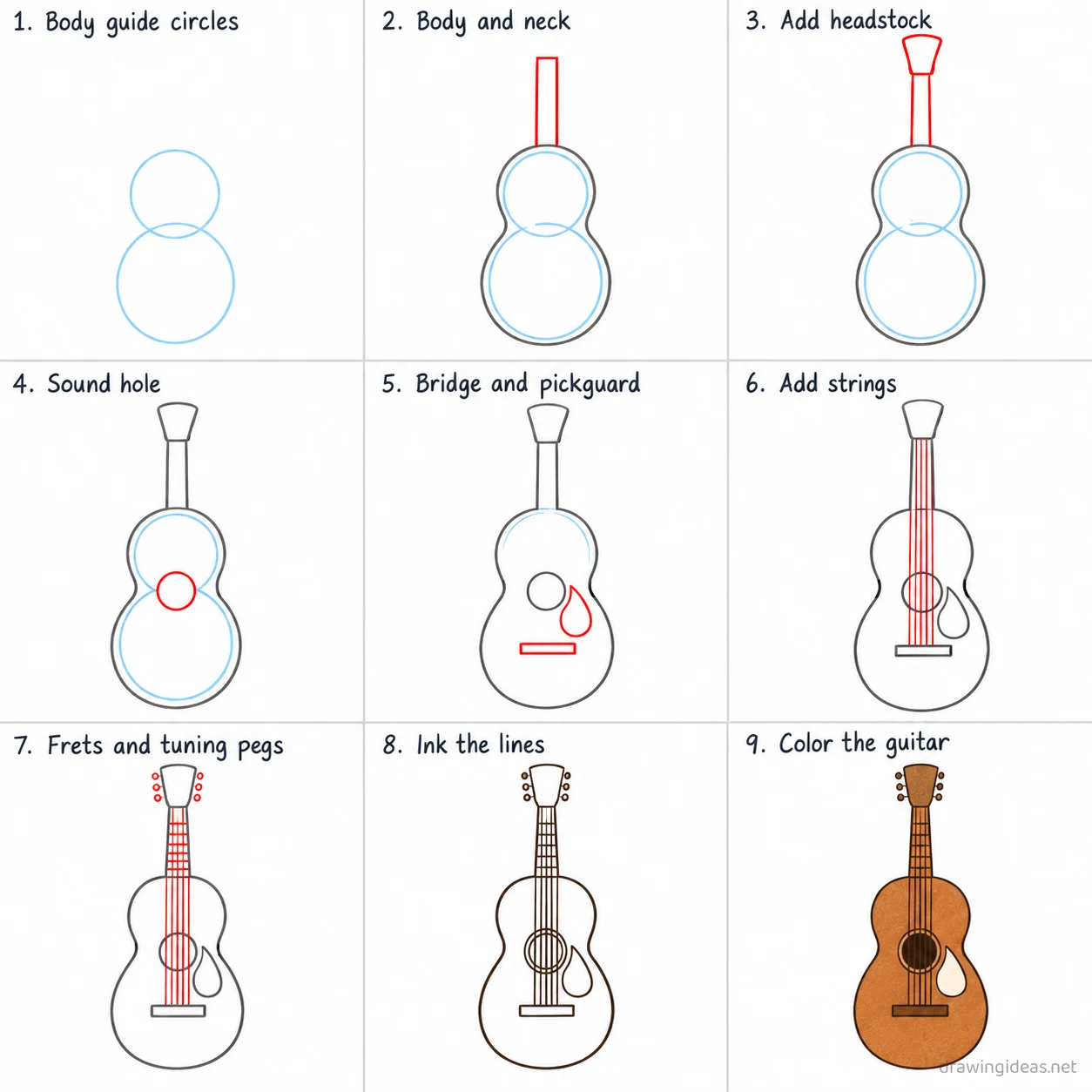 How to draw a guitar step by step — 9-step guitar drawing tutorial sheet