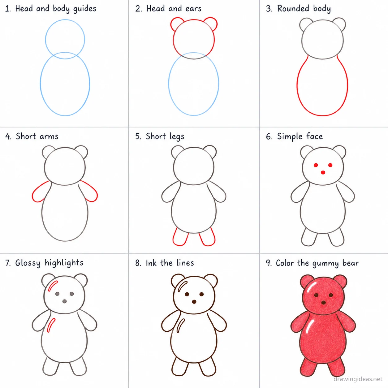 How to draw a gummy bear step by step — 9-step gummy bear drawing tutorial sheet