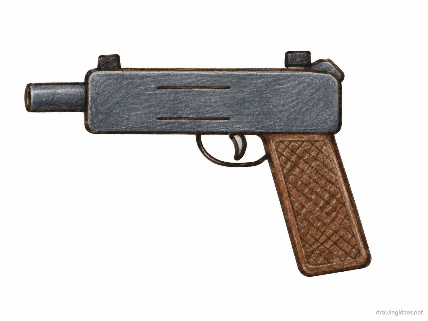 Gun drawing — hand-drawn gun illustration with ink lines and soft colors