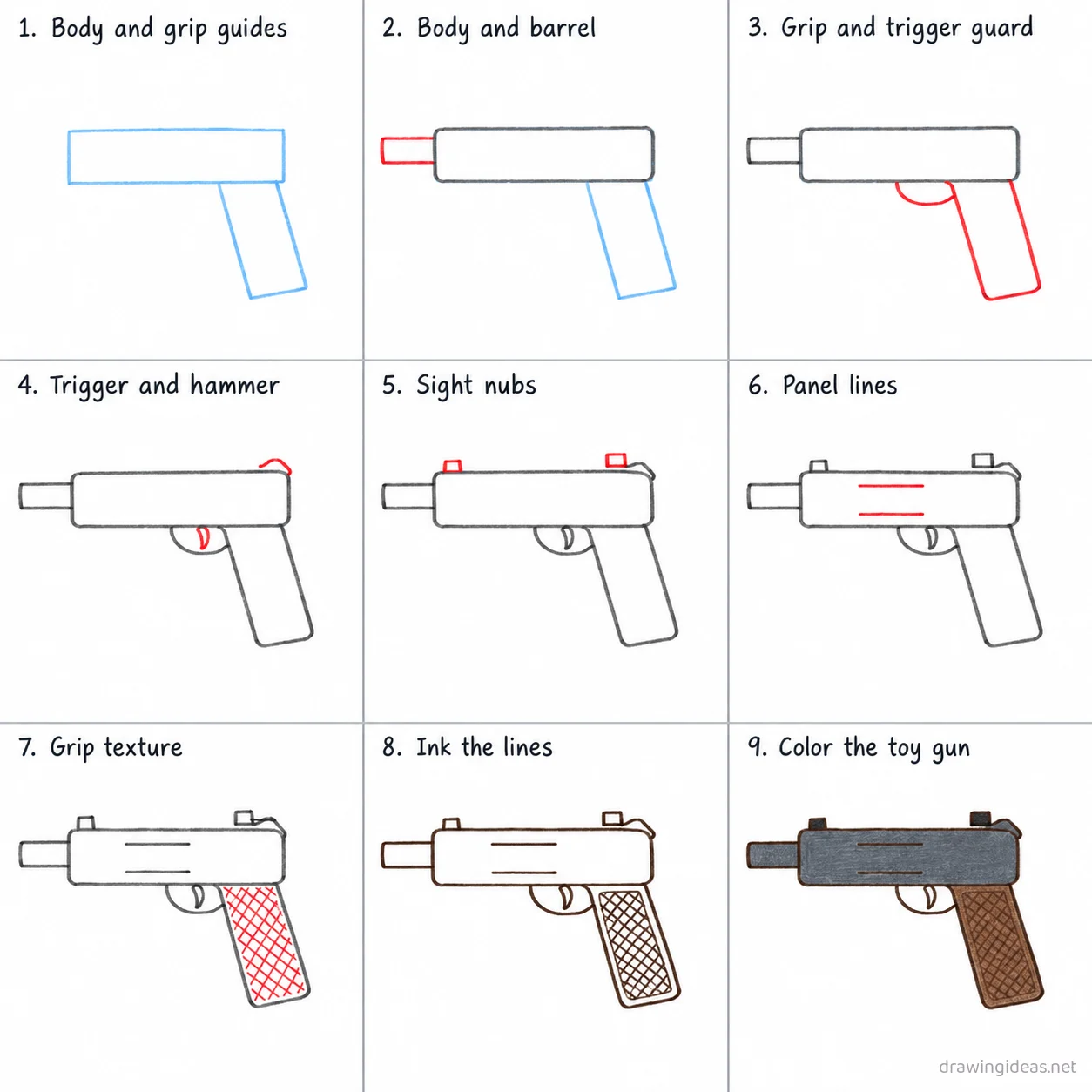 How to draw a gun step by step — 9-step gun drawing tutorial sheet