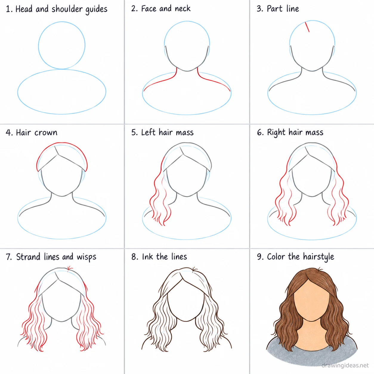 How to draw hair step by step — 9-step hair drawing tutorial sheet