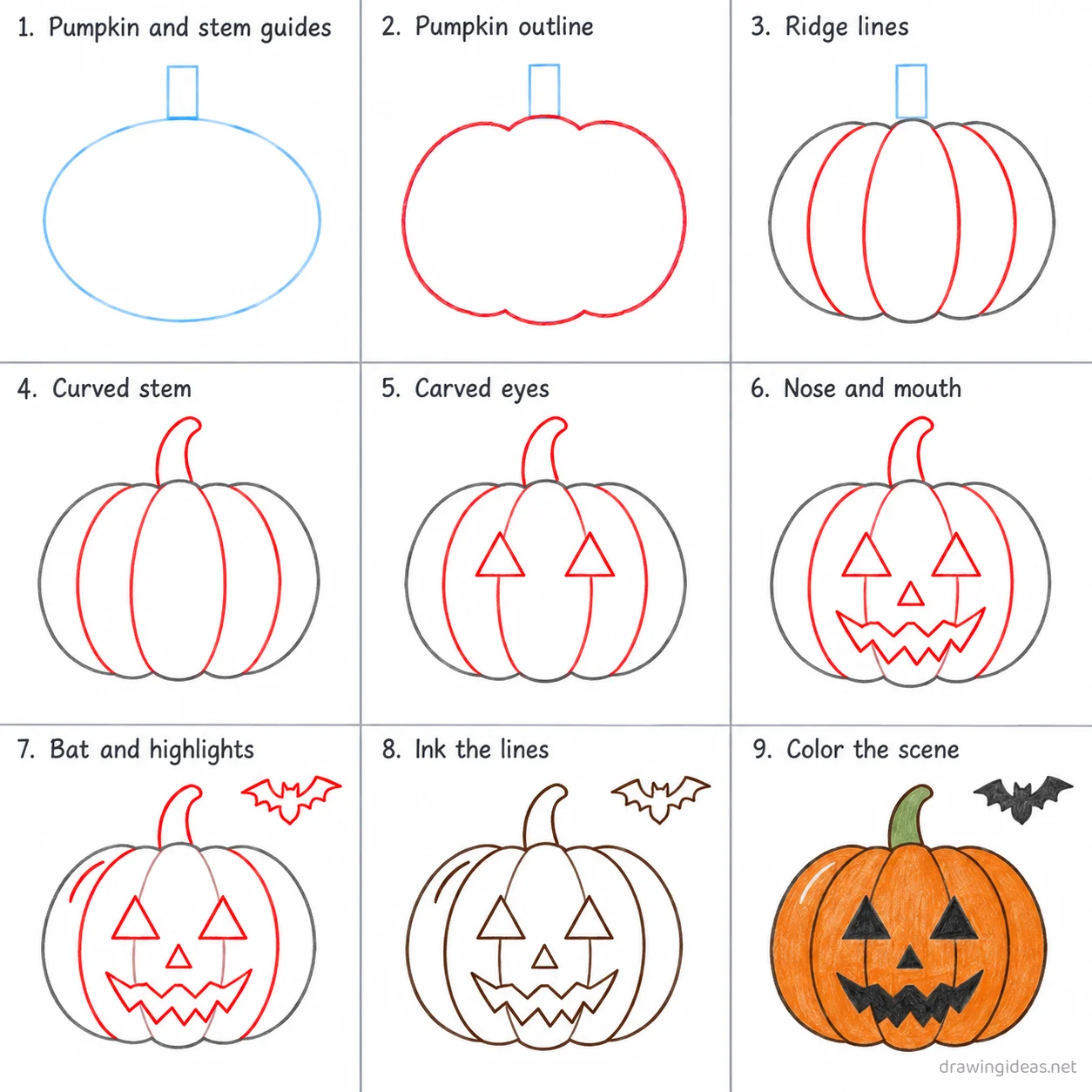 How to draw Halloween step by step — 9-step Halloween drawing tutorial sheet