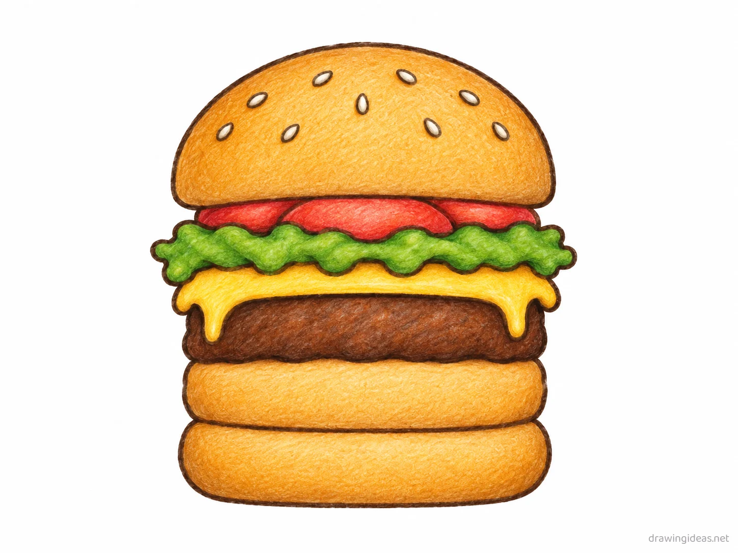 Hamburger drawing — hand-drawn hamburger illustration with ink lines and soft colors
