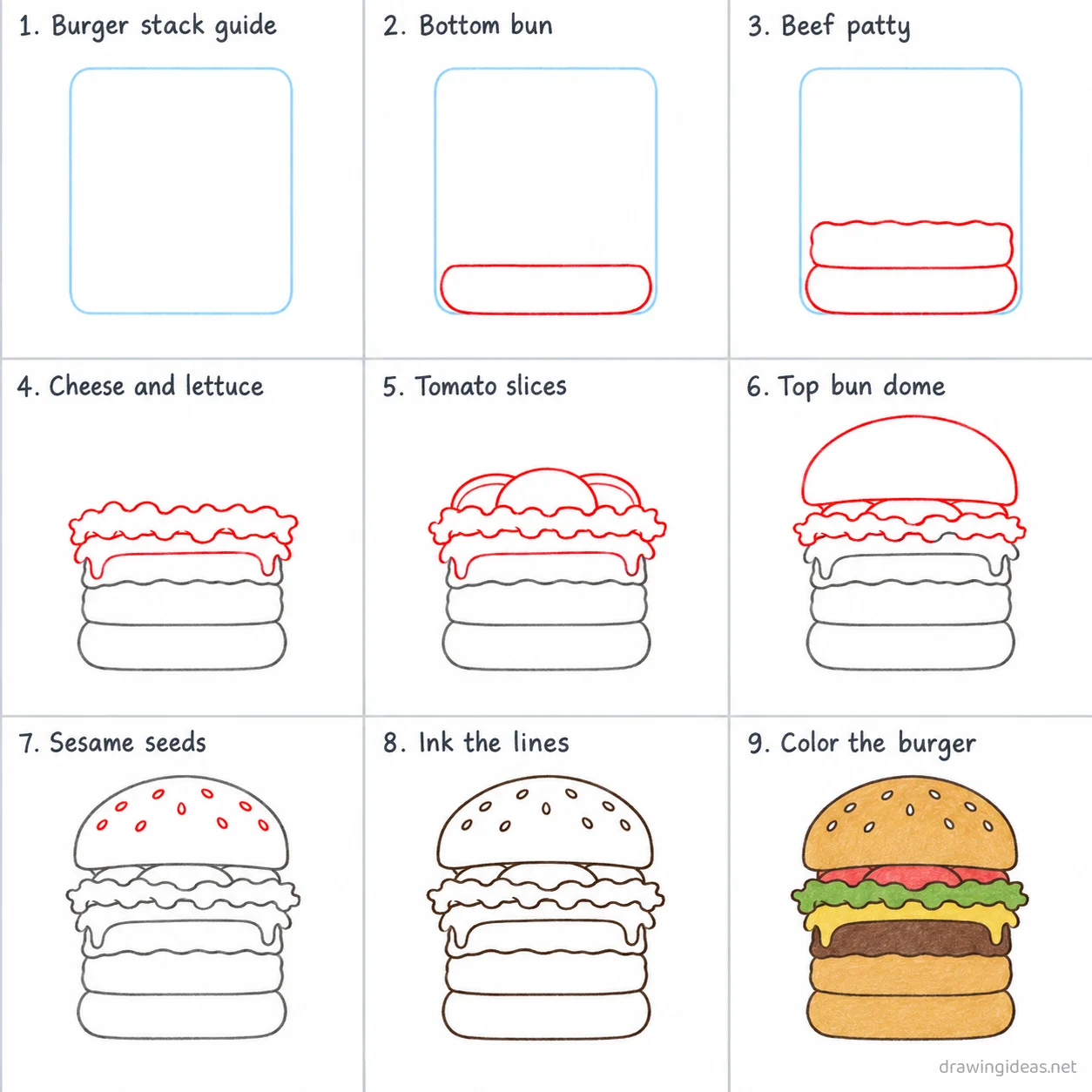 How to draw a hamburger step by step — 9-step hamburger drawing tutorial sheet